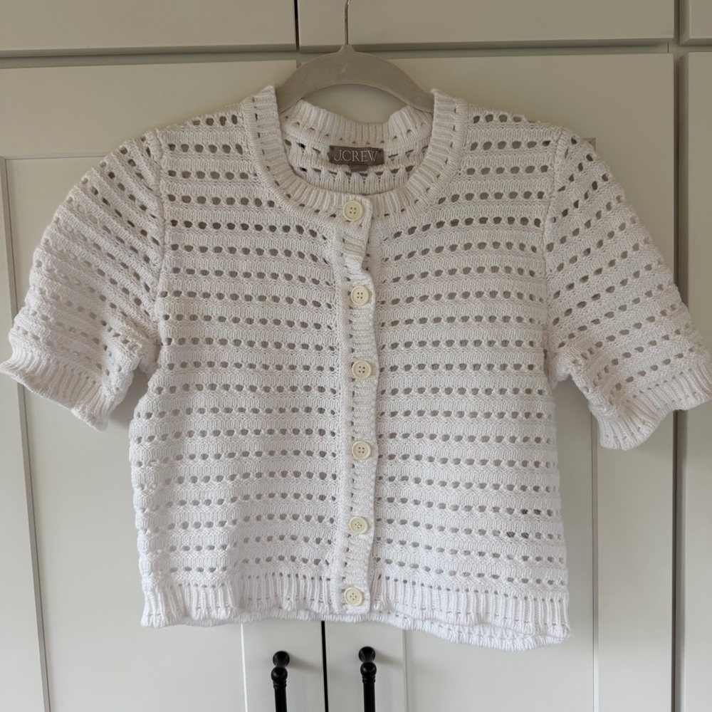 J. Crew White Open-Knit Short-Sleeve Cardigan Sweater